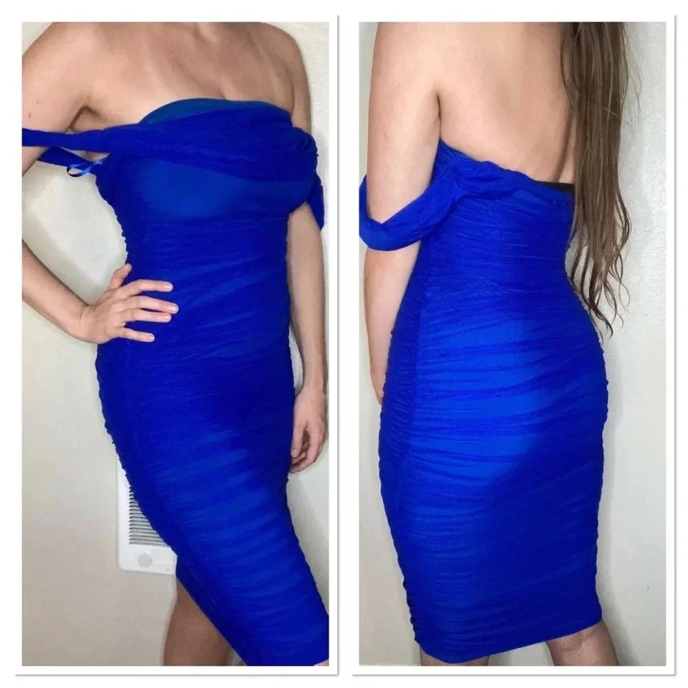 Nwt Emprada Kat Royal Blue Mesh Off Shoulder Dress Size Medium — image 2 of 8